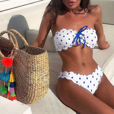 

Women Two Pieces Swimsuit Polka Dots Scalloped Lace up Bikini Set Bathing Swimwear