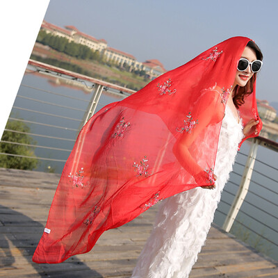 

Transit flower simulation silk scarf wholesale embroidery flower chiffon scarves scarf dual-use spring&summer sunscreen beach towel