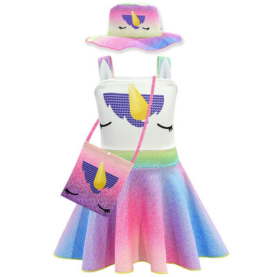 

Summer Unicorn Girls Dress Unicorn Party Dress Set 3 Pcs T-Shirt Princess Dresses HatCrossbody Bag
