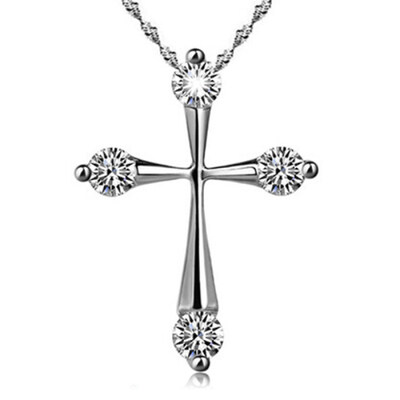 

Women Fashion Silver Plated Cross Shiny CZ Pendant Necklace Wedding Jewelry Gift