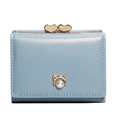 

Fashion Women Trifold Short Wallet Double Heart Kiss Lock Faux Pearl Coin Purse