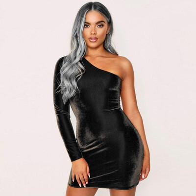 

Women Pencil Dress Solid Color Ribbed Irregular Neck One Shoulder Mini Bandage Sexy Party Wear