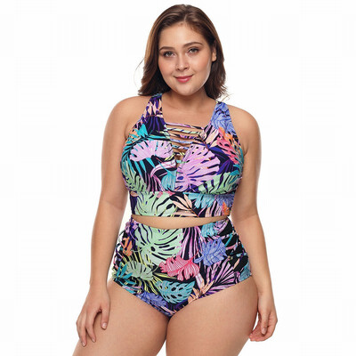 

Plus Size tropical print retro high waist triangle split swimsuit