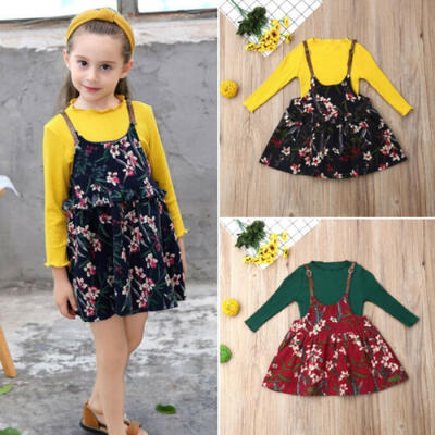 

Sweet Kids Baby Girl Warm Clothes Long Sleeve Tops Floral Strap Dress Outfit Set