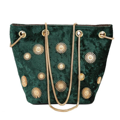 

Elegant Velvet Bucket Shoulder Bag Women Floral Print Messenger Chain Bags