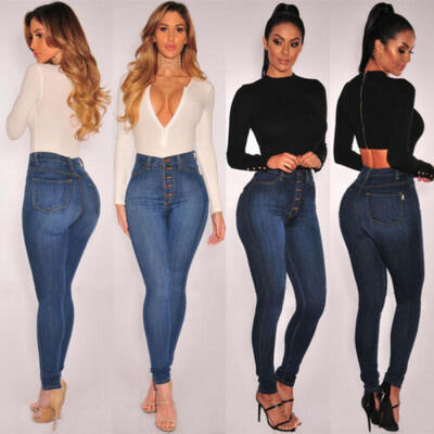 

Womens Denim Button Up High Waist Skinny Jeans Slim Fit Stretch Casual Pants