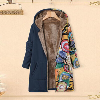 Toponeto Plus Size Women Winter Warm Printed Pockets Thicker Zipper Hooded Coat Outwear