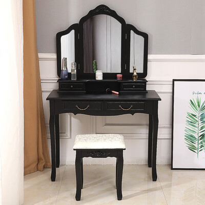 

Vanity Makeup Dressing Table Set wStool 4 Drawer & Mirror Wood Desk Black
