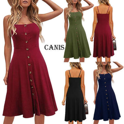 

2019 Women Sleeveless Button Long A-Line Dress Casual Solid Midi Dress