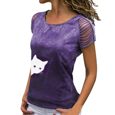

Starmoon Womens Sexy O-Neck Printing Cut Out Crop Short Sleeve T-Shirt Tops