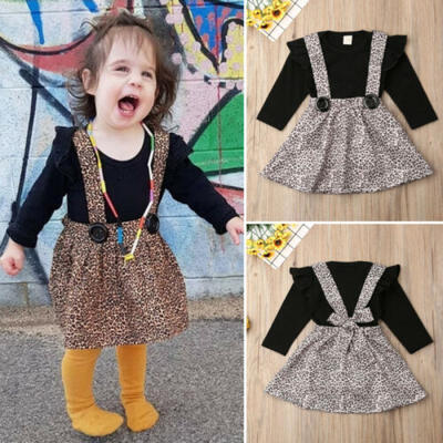 

US Princess 2PCS Kid Baby Girl Clothes Long Sleeve Tops Leopard Bib Dress Outfit