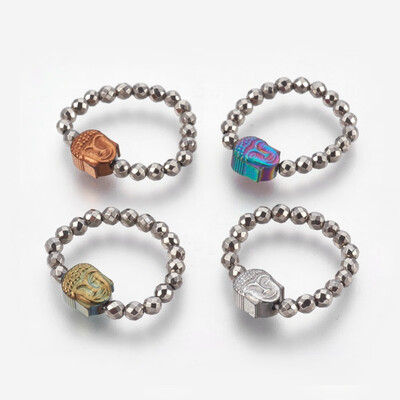 

Electroplate Non-magnetic Synthetic Hematite Stretch Finger Rings Buddha head Round Faceted Mixed Color 18mm