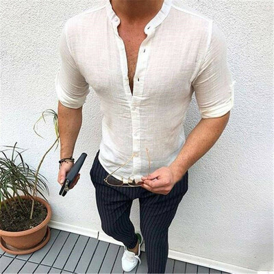 

Hot Men Slim Fit Dress Shirt V-Neck Long Sleeve Linen Casual T-shirt Top Blouse