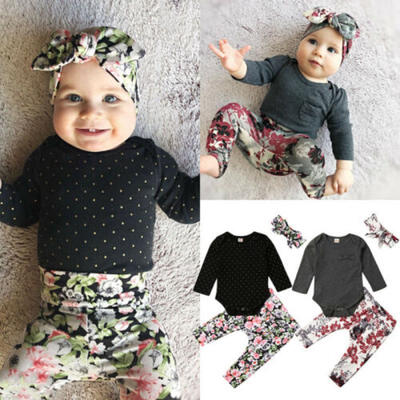 

US Newborn Baby Girls Floral Tops Romper Pants Headband Outfits Clothes 3Pcs Set