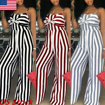 

US Womens Summer Strappy Holiday Striped Long Jumpsuit Playsuit Romper Trousers