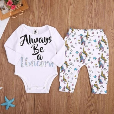 

Unicorns Toddler Newborn Baby Kids Infant Floral Romper Long Pants Outfits Clothes Set