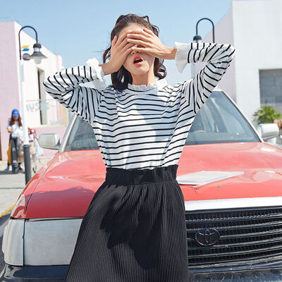 

Korean Style Flare Long Sleeve T Shirts Womens Harajuku Striped T Shirt Female Casual Student T-shirt