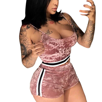 Roseonmyhand Women Fashion Velvet Tops Short Pants Split 2 Piece Set Casual Casual Outfit
