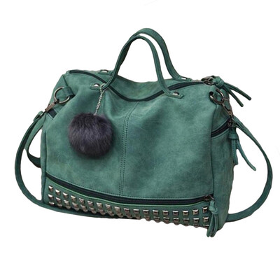 

Vintage Women Rivets Pompon Pendant Faux Leather Tote Crossbody Shoulder Bag