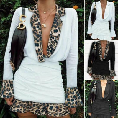 

Women Deep V Neck Lapel Long Sleeve Dress Ruffle Cuff Short Solid Leopard Dress