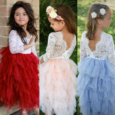 

Kids Baby Girls Laces Backless Long Dress Princess Party Wedding Tutu Dresses