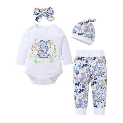 

Cute Elephant Print Baby Rompers 4pcs Spring Elastic Pants Headband Hat Set