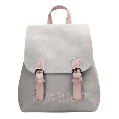 Women PU Leather Letter Embroidery Backpack Preppy Chic Girls School Bag