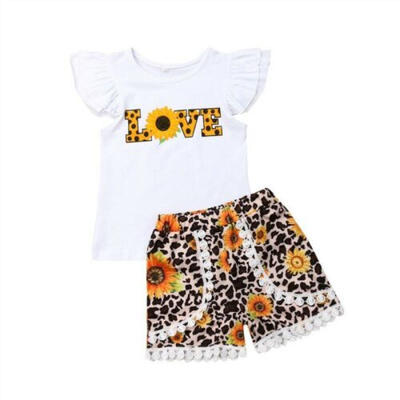 

US 2PCS Toddler Kids Baby Girl Flying Sleeve Shirt Shorts Pants Clothes Outfit