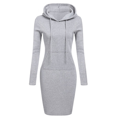 

Autumn Winter Warm Sweat-Shirt Style Long Sleeve Dress Women Hooded Collar Pocket Design Dress Simple Female Mini Dress