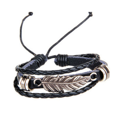 

Handmade Jewelry Trendy Adjustable Snap Button Personalize Wind Leaf Leather Bracelet Cuff Bracelet