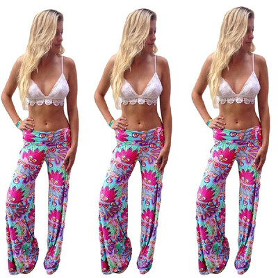 

Fashion Women Vintage Trousers Floral Print Elastic Waist Wide Leg Loose Pants Rose