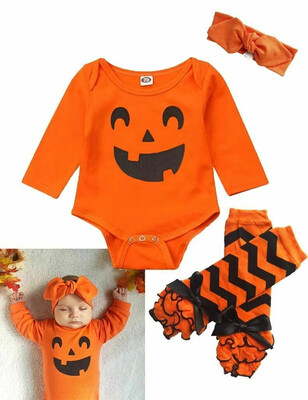 

Cute Newborn Infant Baby Girl Boy Halloween Romper Headband Sock Clothes Outfits