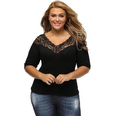 

Women Lace V Neck T-Shirt Sexy Off Shoulder Solid Color Half Sleeve Tops
