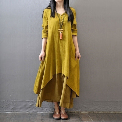 

New Plus Size Women Casual Loose Dress Solid Long Sleeve Cotton Linen Boho Long Maxi Autumn Dress Plus Size  - 5XL