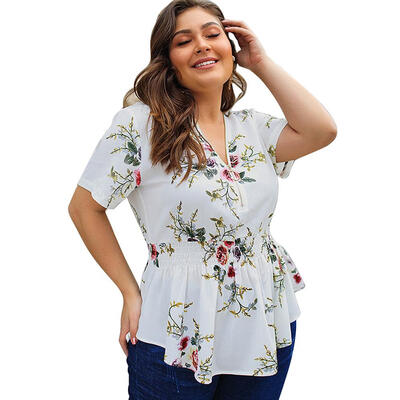 

Floral Print Chiffon Short Sleeve Tunic Blouse Women Slim Tops Plus Size