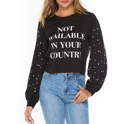 

Tailored Women O-Neck Long Sleeve Letter Printing Beading T-shirt Casual Blouse Tops