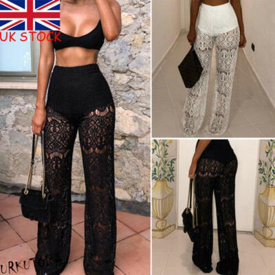 

UK Womens Ladies Sheer Floral Lace Pants Beach Bikini Cover Up Trousers