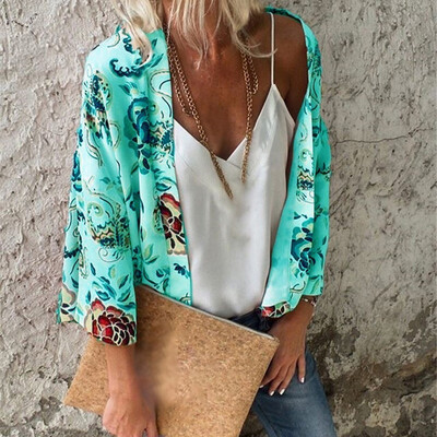 

Women Ethnic Floral Tops Blouse Casual Loose 34 Sleeve Open Front Casual Shirt