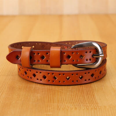 

New womens hollow leather belt Korean version Jeans belt female wild womens fine leather belt