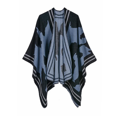 

Women Poncho Cardigan Sweater Contrast Color Geometry Cashmere Capes Shawl Scarf Outerwear