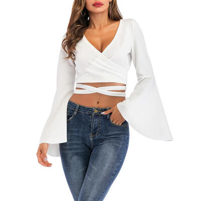 

Chic Women T-Shirt Long Trumpet Sleeve Sexy Lace-Up V-Neck Spring Crop Tops