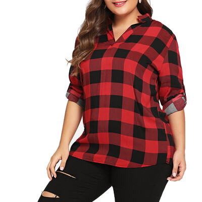 

Women Big Size Long Sleeve Check Plaid Shirt Button Down Blouse Tops