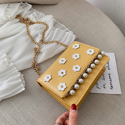 

Ins bag summer fresh Pearl womens bag new 2019 popular chain shoulder slung small square bag tide