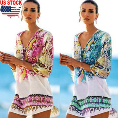 

Hot Women Long Sleeve Loose Crop Top Lantern Sleeve Waist Beach Chiffon Blouse