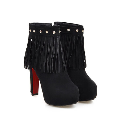 

IDIFU Womens Sexy Fringes Rivets Round Toe Side Zipper Booties Chunky High Heel Hidden Platform Ankle Boots