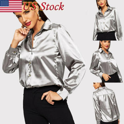 

Womens Summer Long Sleeve Button Down Blouse Solid Tops Loose Casual Shirt USA