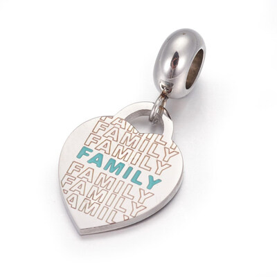 

304 Stainless Steel European Dangle Beads with Enamel Large Hole Pendants Heart with Word Family Stainless Steel Color