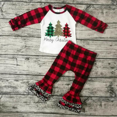 

Toddler Kid Baby Girl Clothes Merry Christmas T-shirt Plaids Pants Xmas Outfit