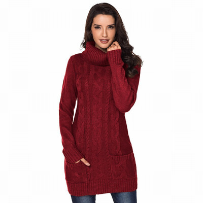 

Long sleeved turtleneck ribbed knit long sweater womens