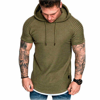 

Fashion Mens Slim Fit Solid hooded Hoodie Short Sleeve Casual T-Shirt Tops